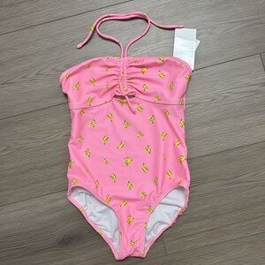 Girls Pink Banana Print One-Piece Swimsuit size M (8 yr old) with UV protection